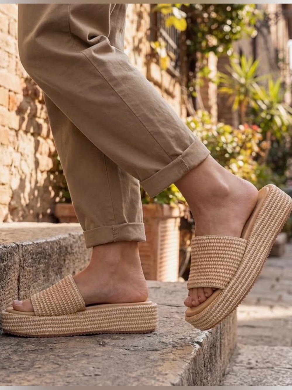 Women’s Beige Woven Platform Slide Sandals